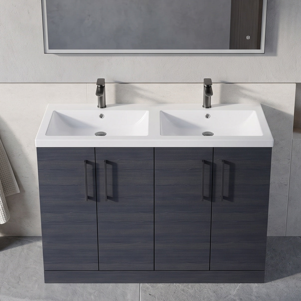 Fairford Aspri Black Woodgrain 1200mm Floorstanding Double Vanity Unit with Doors and Basin