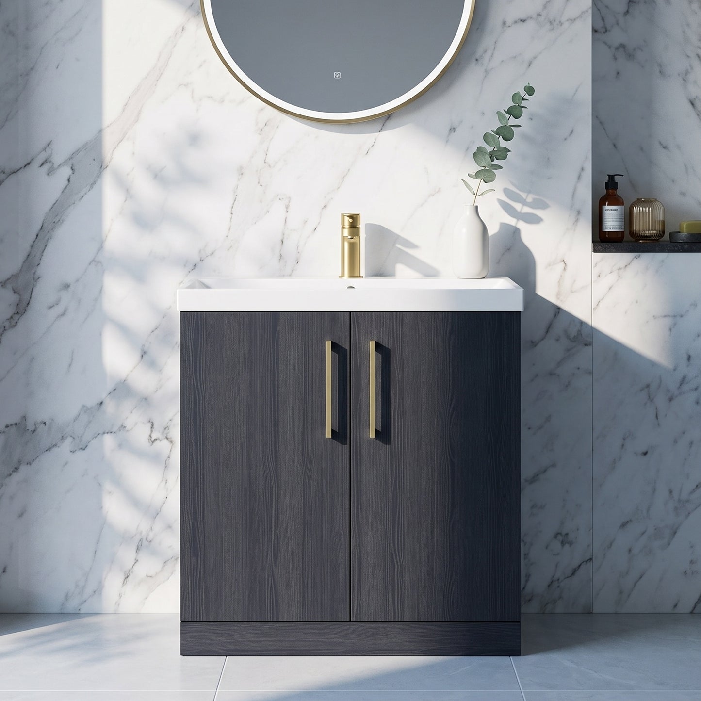 Fairford Aspri Black Woodgrain 800mm 2 Door Floorstanding Vanity Unit