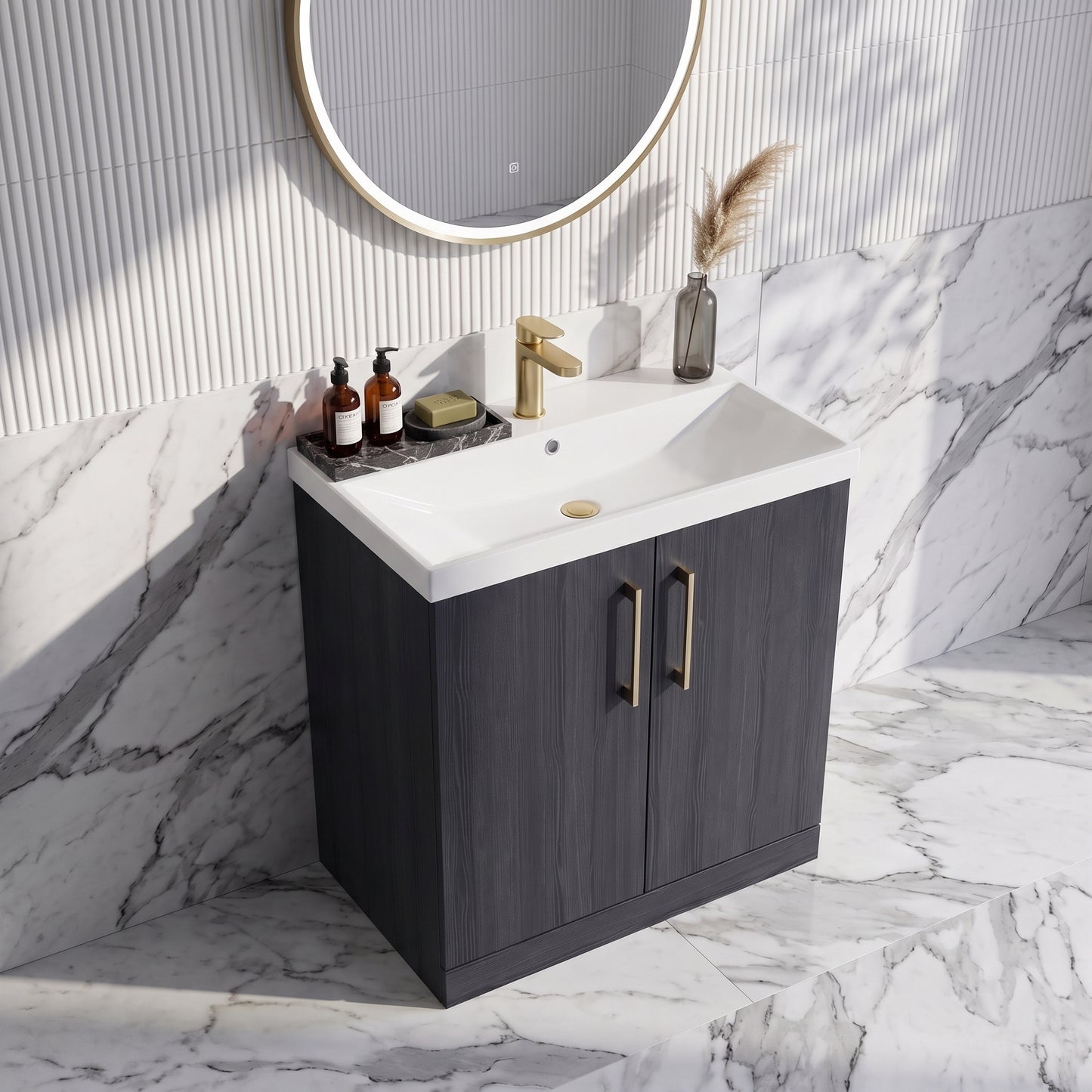 Fairford Aspri Black Woodgrain 800mm 2 Door Floorstanding Vanity Unit