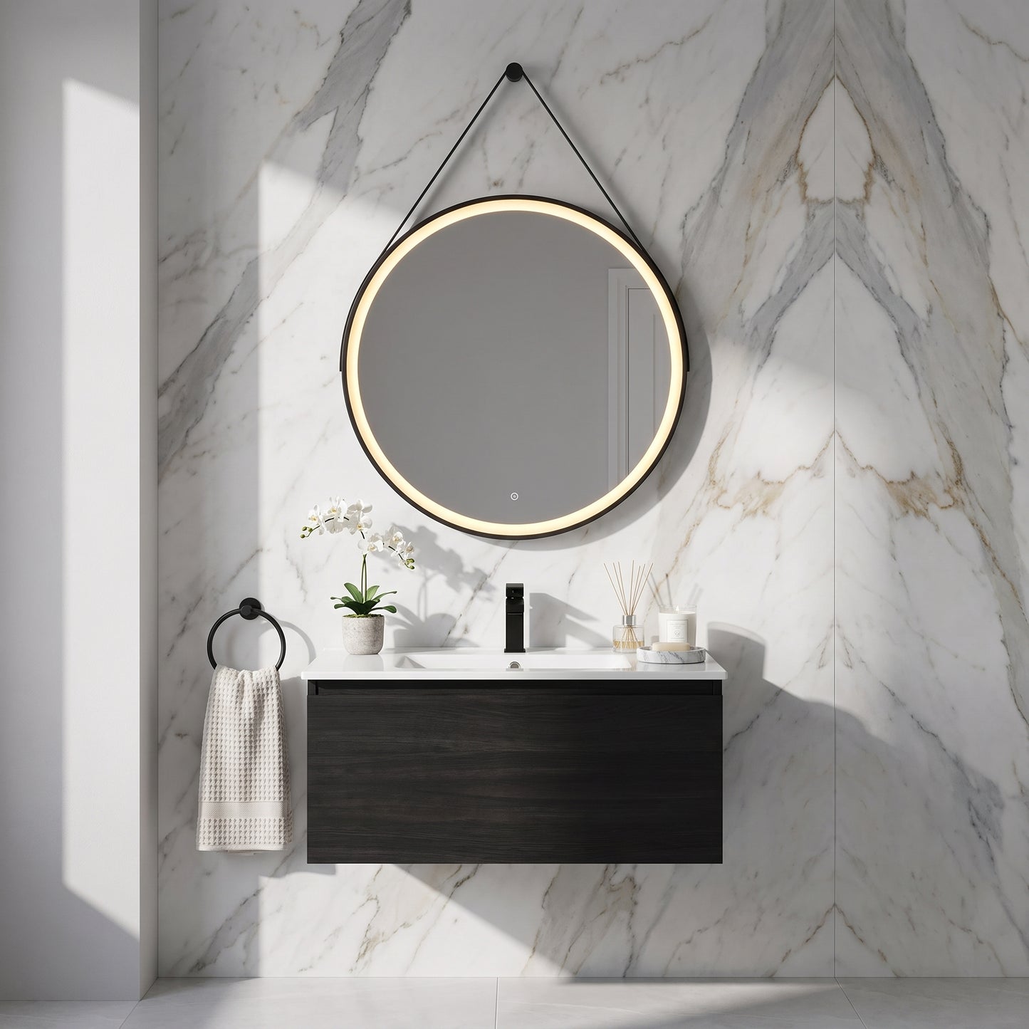 Fairford Belini Round Led Hanging Mirror - 600mm Wide - Matt Black