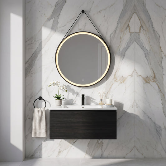 Fairford Belini Round Led Hanging Mirror - 600mm Wide - Matt Black