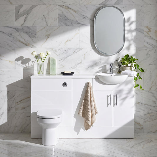 Dezine Clyde Gloss White 1300mm Pack, Vanity, WC and 1 FS Cupboard Unit. White worktop. Chrome Fittings