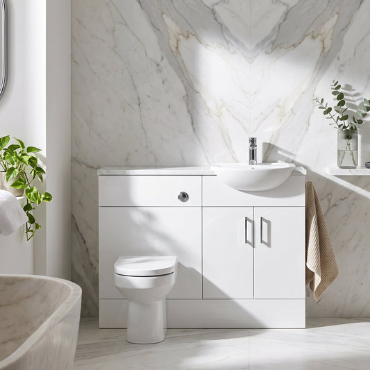 Dezine Clyde Gloss White 1200mm Pack, Vanity and WC Unit. Matt Marble worktop. Chrome Fittings