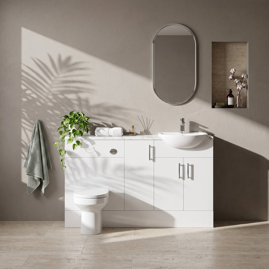 Dezine Clyde Gloss White 1400mm Pack, Vanity, WC and 1 FS Cupboard Unit. Matt Marble worktop. Chrome Fittings