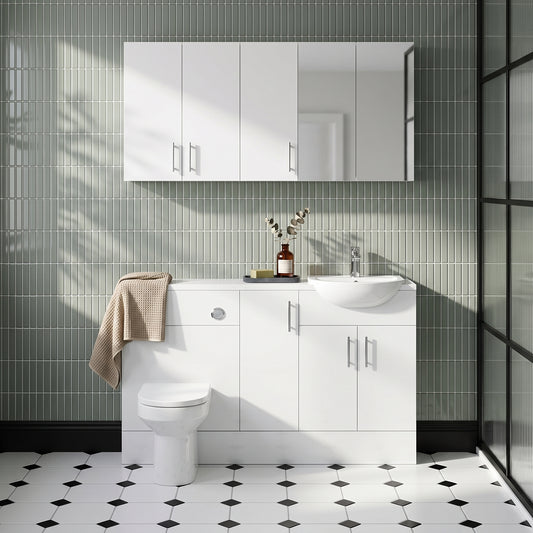 Dezine Clyde Gloss White 1500mm Pack, Vanity, WC with Stort Cupboards and Mirror Cabinet. White worktop. Chrome Fittings