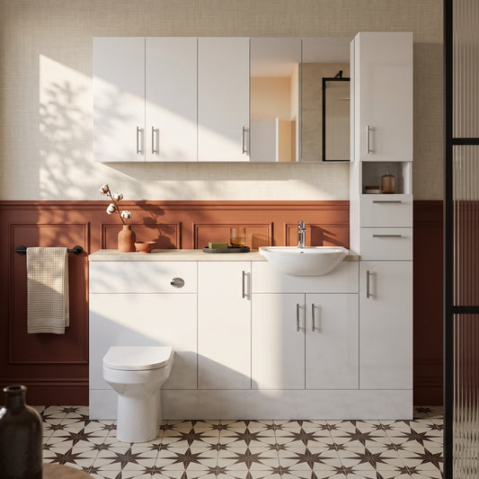 Dezine Clyde Gloss White 1600mm Pack, Vanity, WC, Stort Cupboards, Mirror Cabinet with Tall Cupboard. White worktop. Chrome Fittings