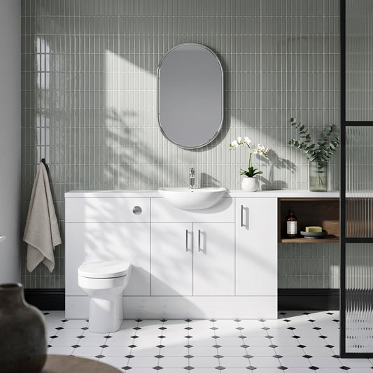 Dezine Clyde Gloss White 1600mm Pack, Vanity, WC and 2 FS Cupboard Units. White worktop. Chrome Fittings