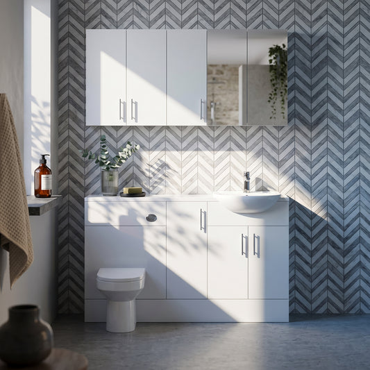 Dezine Clyde Gloss White 1600mm Pack, Vanity, WC with Stort Cupboards and Mirror Cabinet. White worktop. Chrome Fittings
