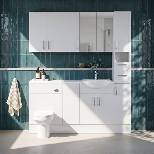 Dezine Clyde Gloss White 1700mm Pack, Vanity, WC, Stort Cupboards, Mirror Cabinet with Tall Cupboard. White worktop. Chrome Fittings