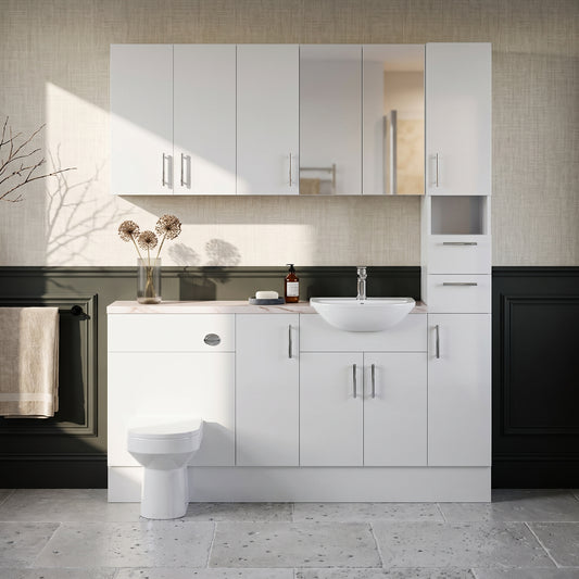 Dezine Clyde Gloss White 1800mm Pack, Vanity, WC, Stort Cupboards, Mirror Cabinet with Tall Cupboard. White worktop. Chrome Fittings