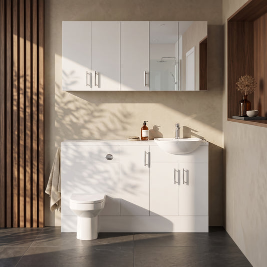 Dezine Clyde Gloss White 1700mm Pack, Vanity, WC with Stort Cupboards and Mirror Cabinet. White worktop. Chrome Fittings