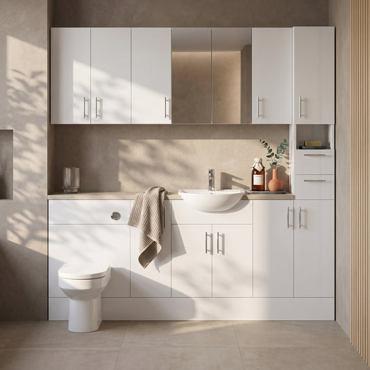 Dezine Clyde Gloss White 2000mm Pack, Vanity, WC, Stort Cupboards, Mirror Cabinet with Tall Cupboard. White worktop. Chrome Fittings