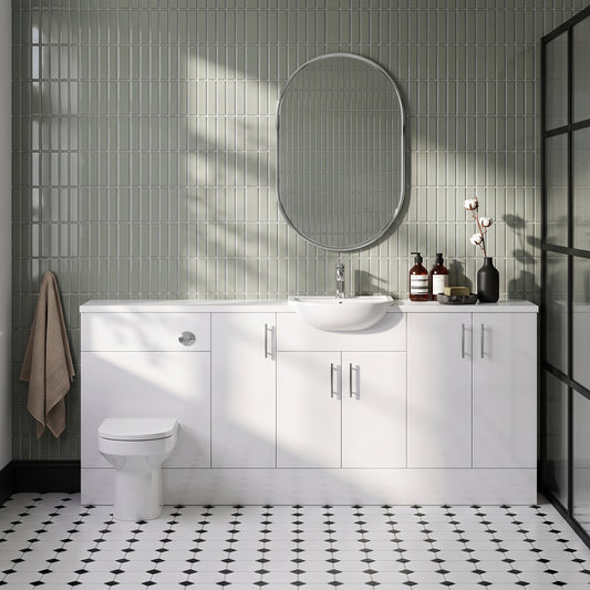 Dezine Clyde Gloss White 1900mm Pack, Vanity, WC and 3 FS Cupboard Units. White worktop. Chrome Fittings