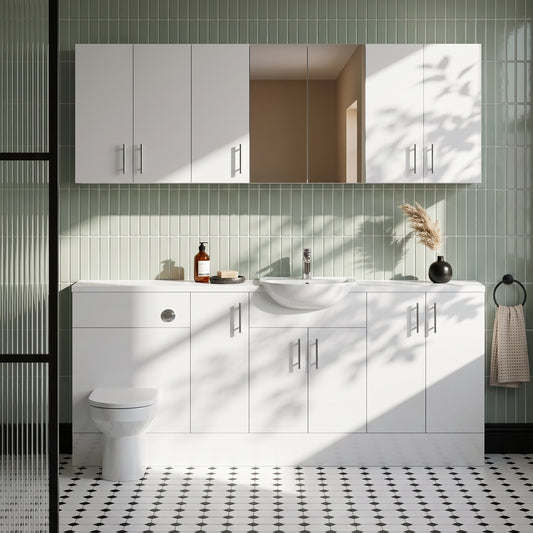 Dezine Clyde Gloss White 1900mm Pack, Vanity, WC with Stort Cupboards and Mirror Cabinet. White worktop. Chrome Fittings