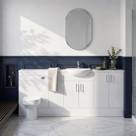 Dezine Clyde Gloss White 2000mm Pack, Vanity, WC and 3 FS Cupboard Units. White worktop. Chrome Fittings