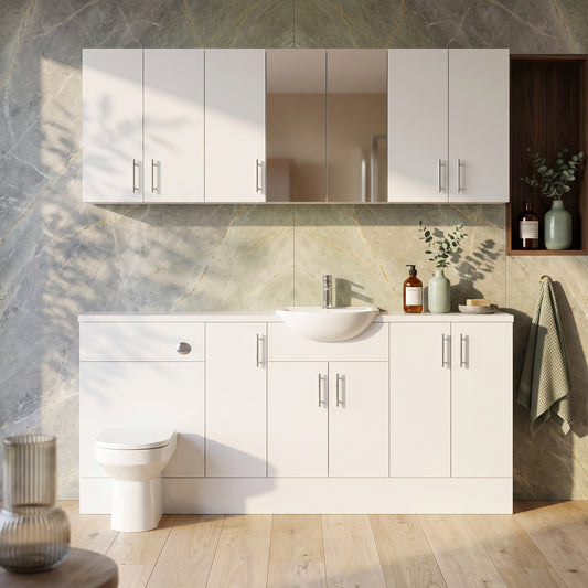 Dezine Clyde Gloss White 2000mm Pack, Vanity, WC with Stort Cupboards and Mirror Cabinet. White worktop. Chrome Fittings