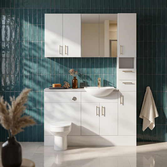 Dezine Clyde Gloss White 1500mm Pack, Vanity, WC, Stort Cupboards, Mirror Cabinet with Tall Cupboard. White worktop. Chrome Fittings