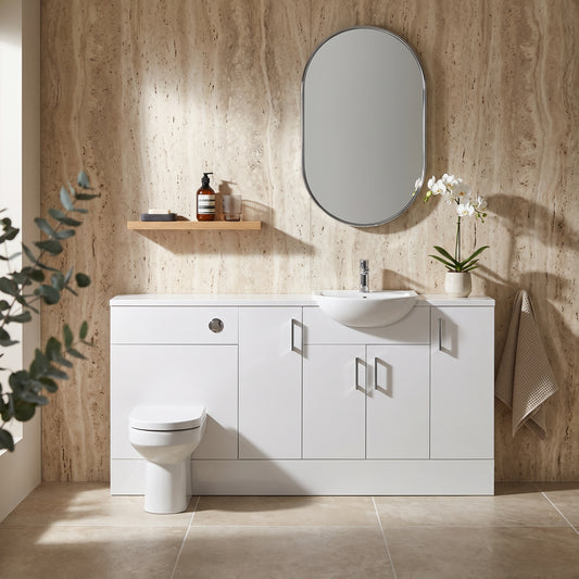 Dezine Clyde Gloss White 1800mm Pack, Vanity, WC and 3 FS Cupboard Units. White worktop. Chrome Fittings