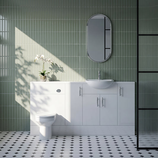 Dezine Clyde Gloss White 1700mm Pack, Vanity, WC and 2 FS Cupboard Units. White worktop. Chrome Fittings