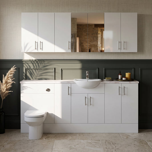 Dezine Clyde Gloss White 1800mm Pack, Vanity, WC with Stort Cupboards and Mirror Cabinet. White worktop. Chrome Fittings