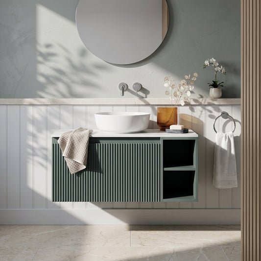 Fairford Sophia Smoked Sage 800mm Wall Hung Vanity Unit with Right Hand Storage and Worktop
