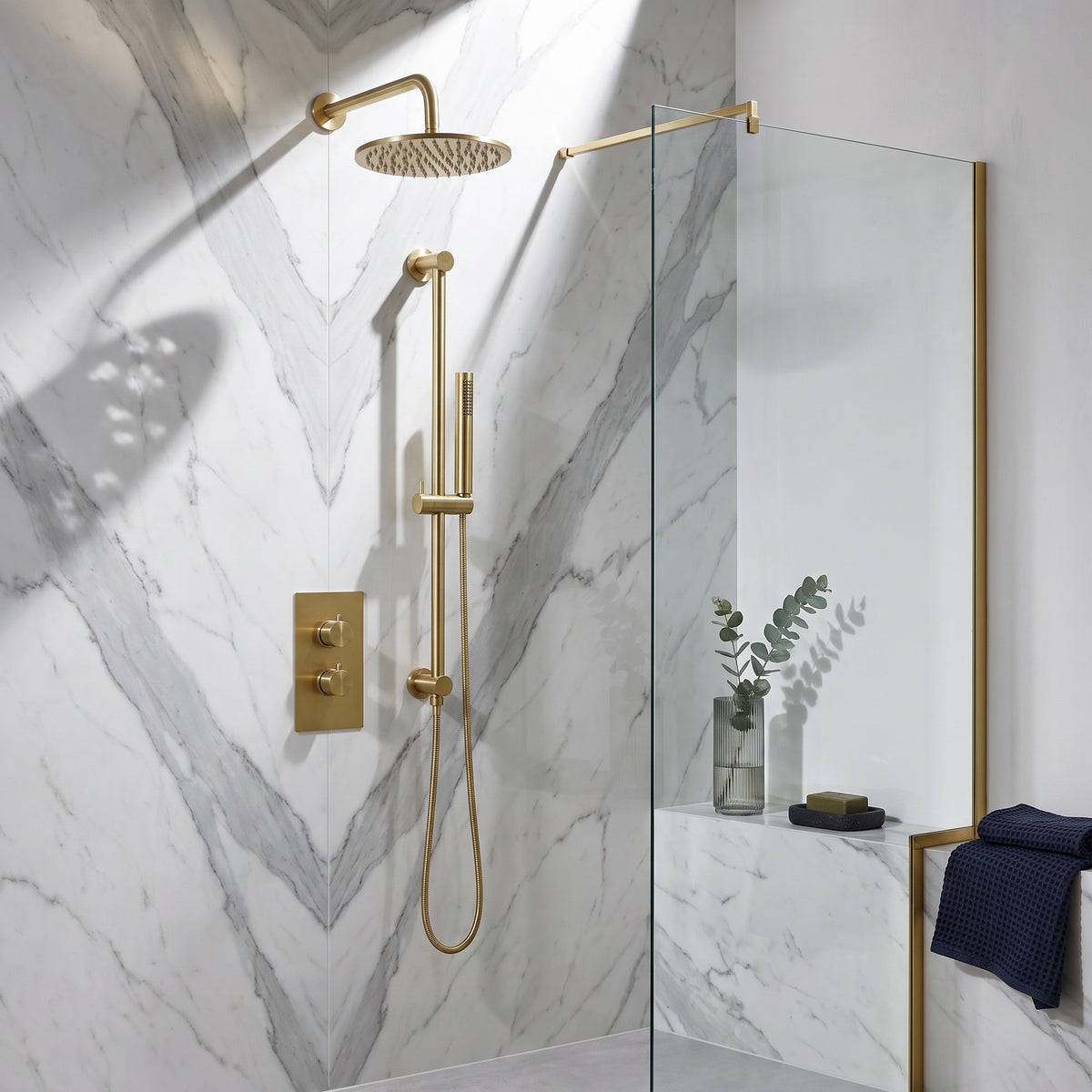 Fairford Element 7 Brushed Brass Concealed Shower Kit with Overhead and Slide Rail Kit