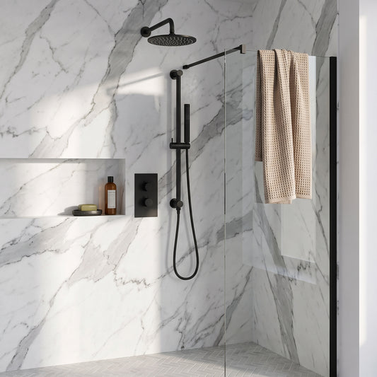 Fairford Element 7 Matt Black Concealed Shower Kit with Overhead, Slide Rail and Overflow Filler