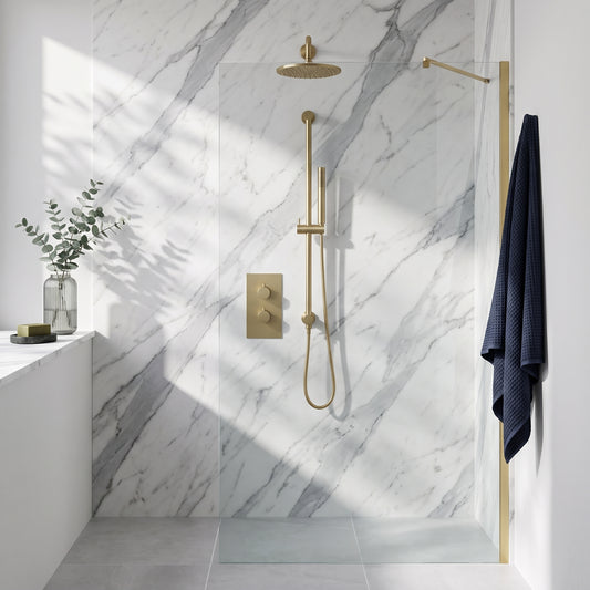 Fairford Element 7 Brushed Brass Concealed Shower Kit with Overhead, Slide Rail and Overflow Filler