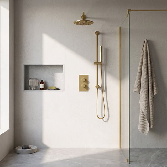 Fairford Element 7 Brushed Brass Concealed Shower Kit with Overhead, Handset and Overflow Filler