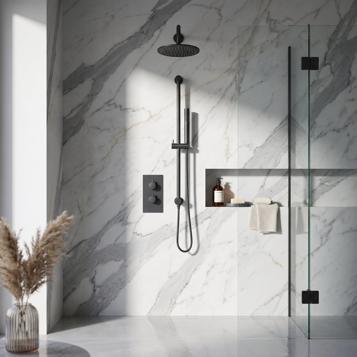 Fairford Element 7 Matt Black Concealed Shower Kit with Overhead and Slide Rail Kit
