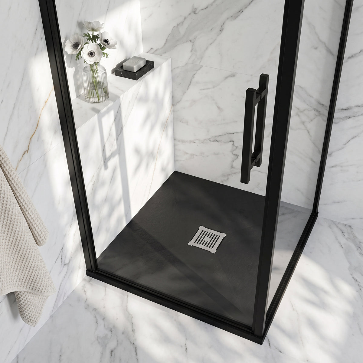 Fairford Square Black Slate Shower Tray, Center Waste-800mm x 800mm
