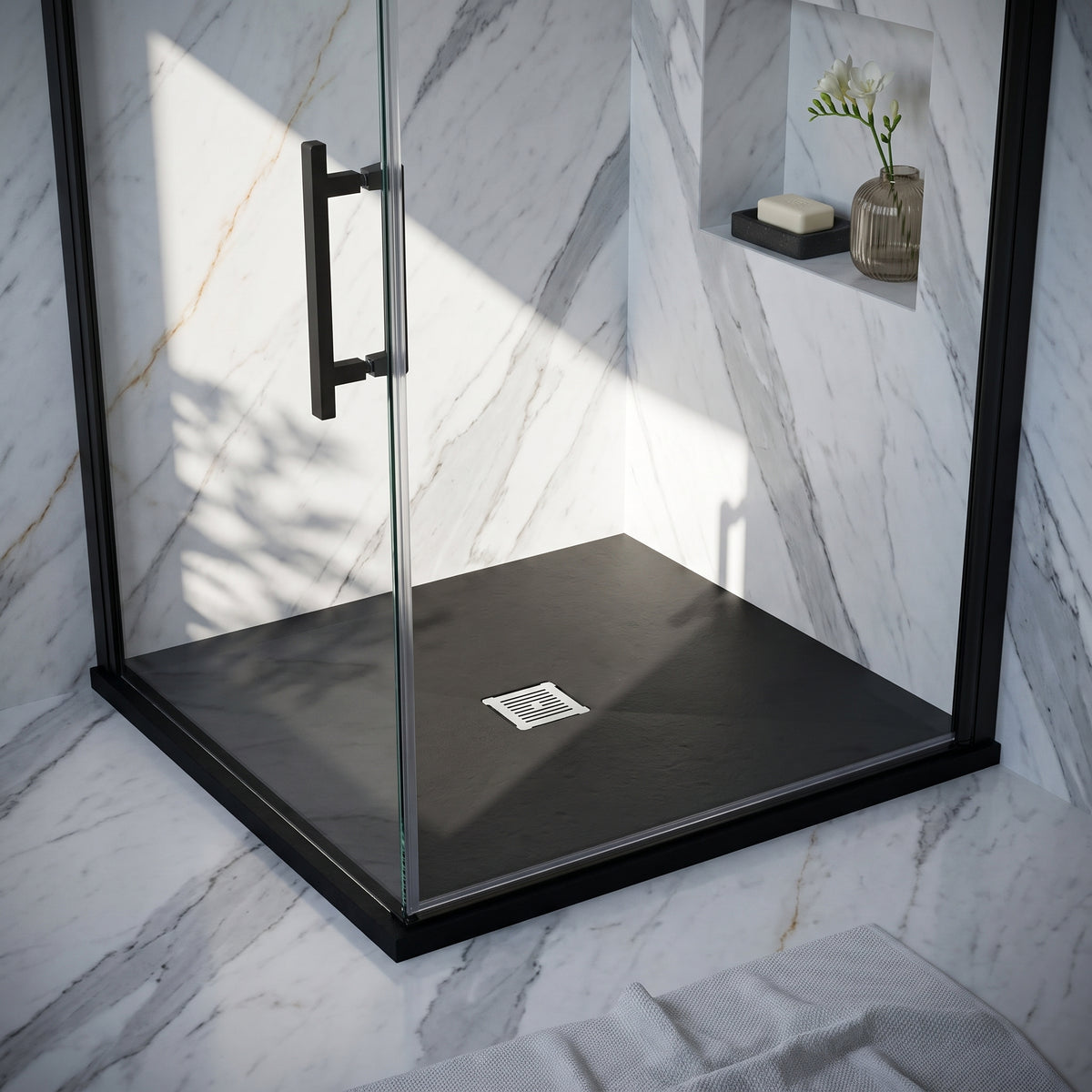 Fairford Square Black Slate Shower Tray, Center Waste-900mm x 900mm