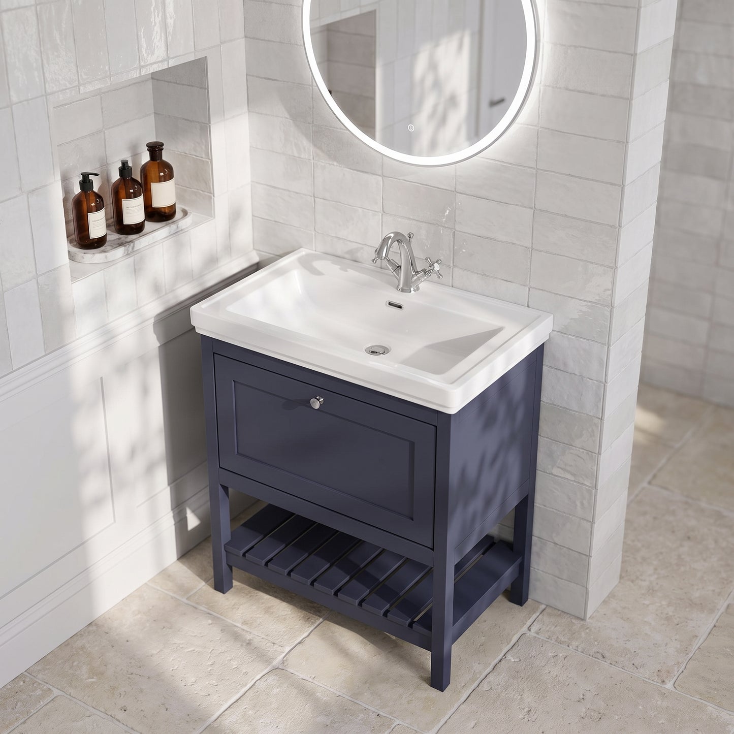 Fairford Juliette 800mm Indigo Blue 1 Tap Hole Floorstanding Vanity Unit — Marble & Wainscot lifestyle