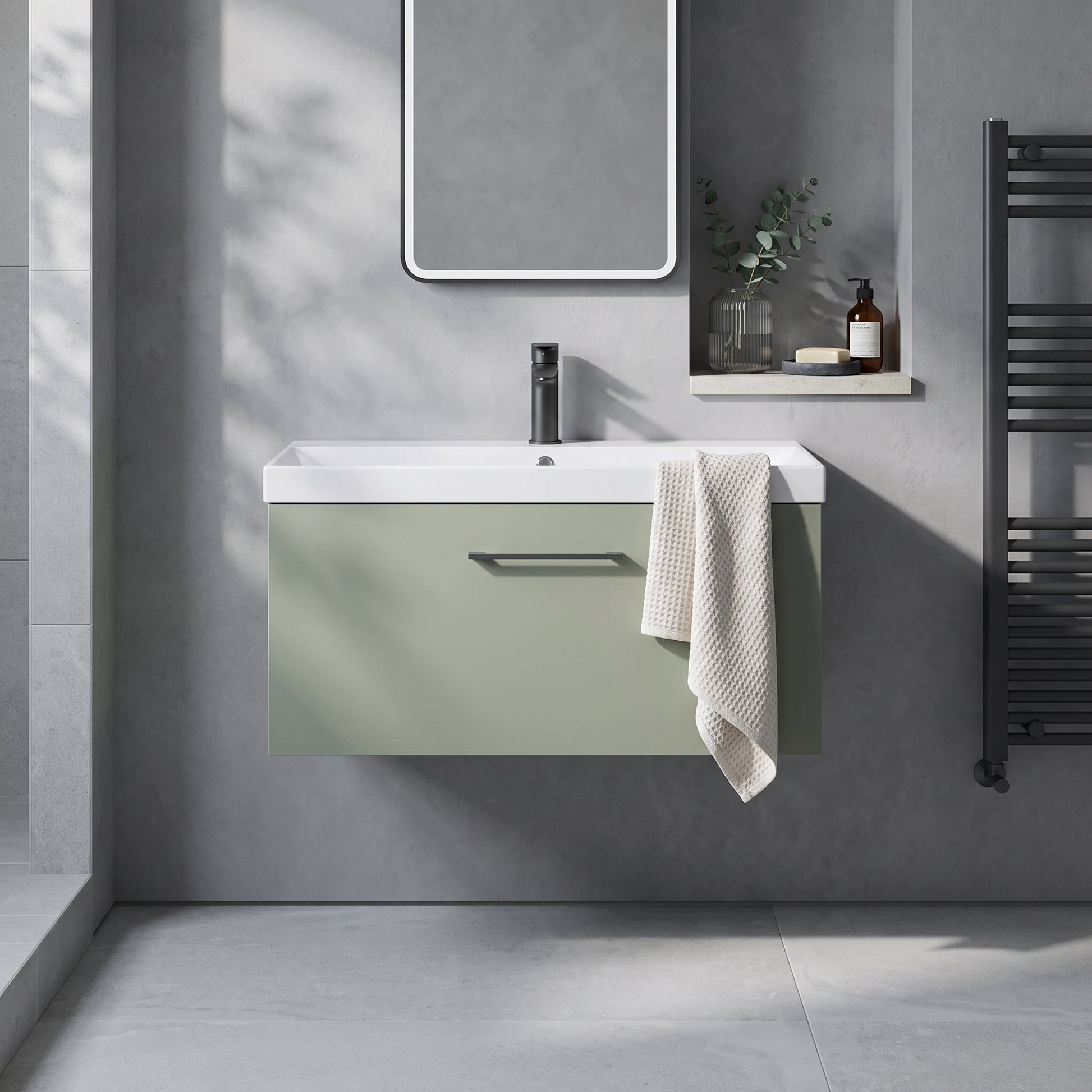 Fairford Aspri 800mm Satin Green 1-Drawer Wall Hung Vanity