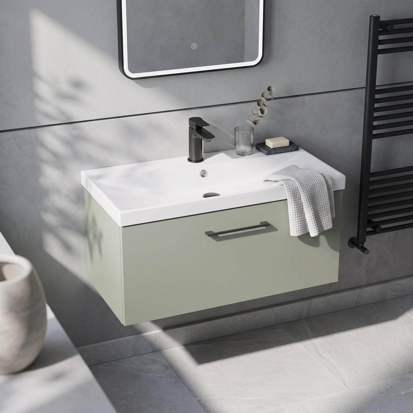 Fairford Aspri 800mm Satin Green 1-Drawer Wall Hung Vanity
