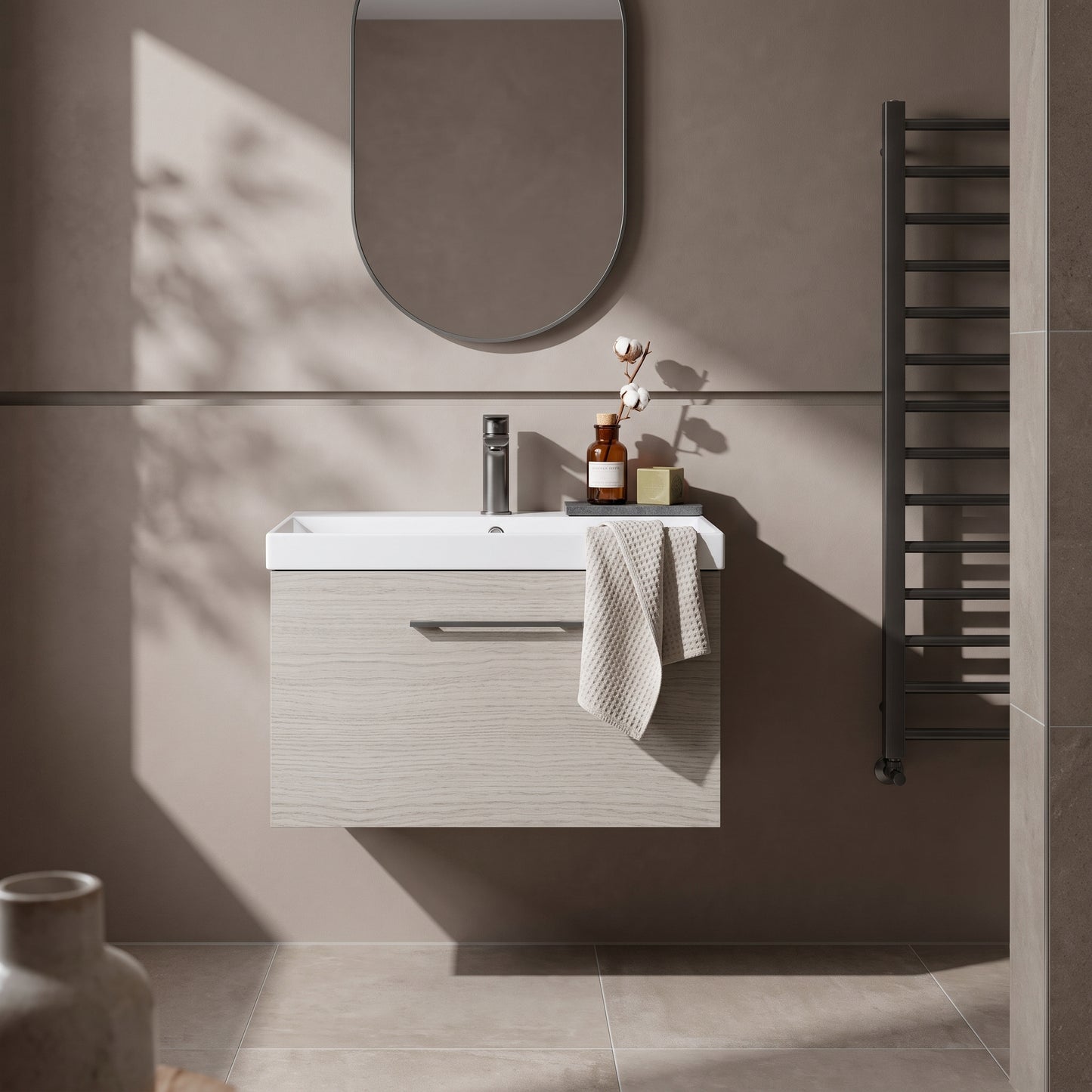 Fairford Aspri 600mm Solace Oak Wall Hung Vanity Unit, Thin Rimmed 40mm Basin