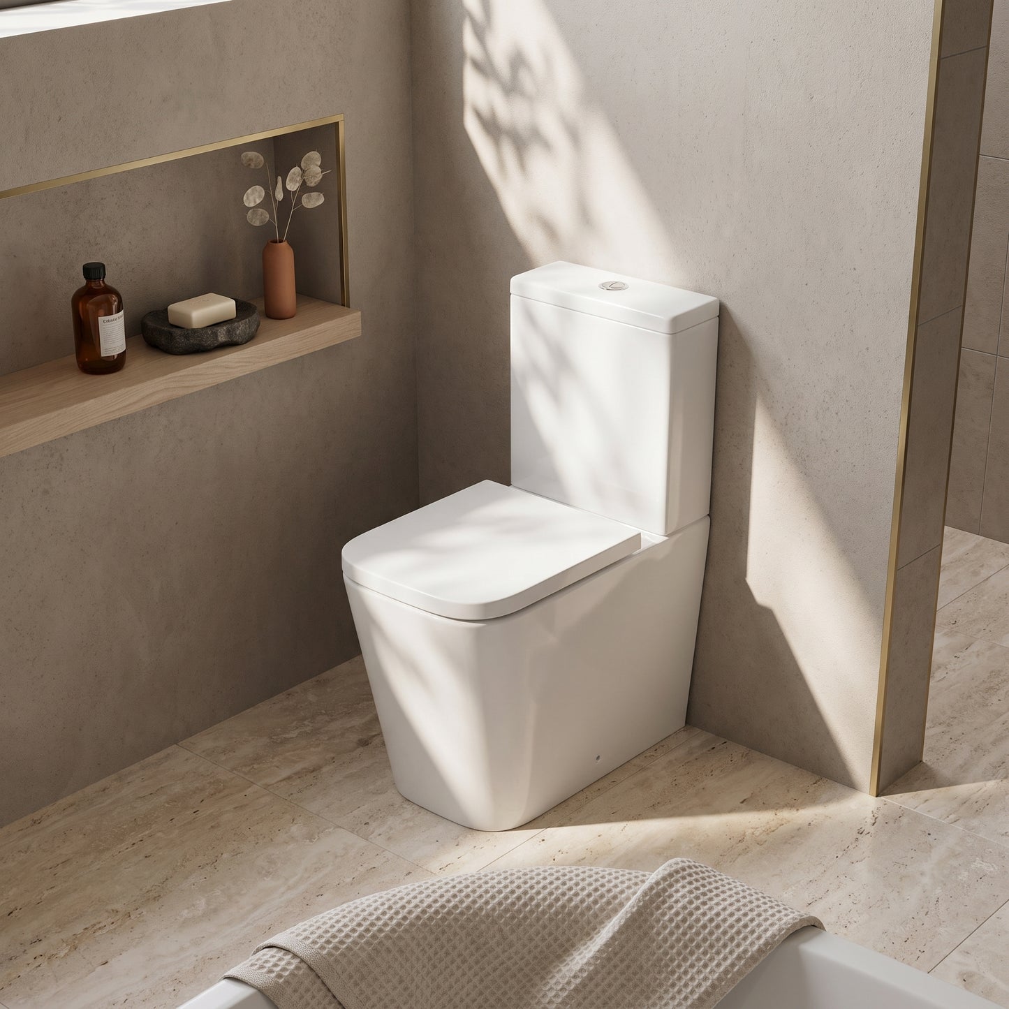 Fairford Grove Pure Rimless Close Coupled Toilet with Soft Close Seat — Warm-Neutral Stone lifestyle
