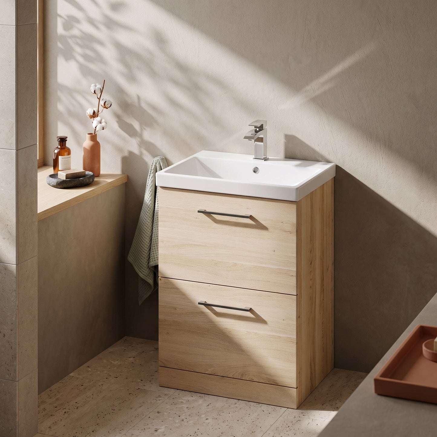 Fairford Aspri Bleached Oak 600mm 2 Drawer Floorstanding Vanity Unit