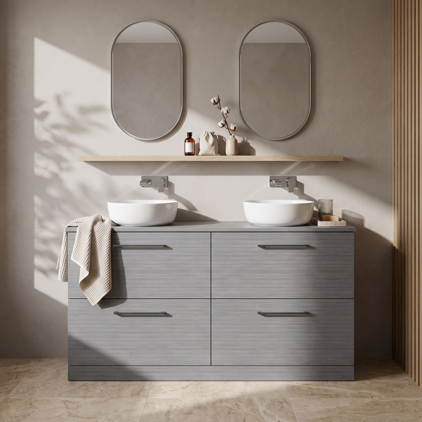 Fairford Aspri Grey Woodgrain 1200mm 4 Drawer Floorstanding Vanity Unit with Worktop