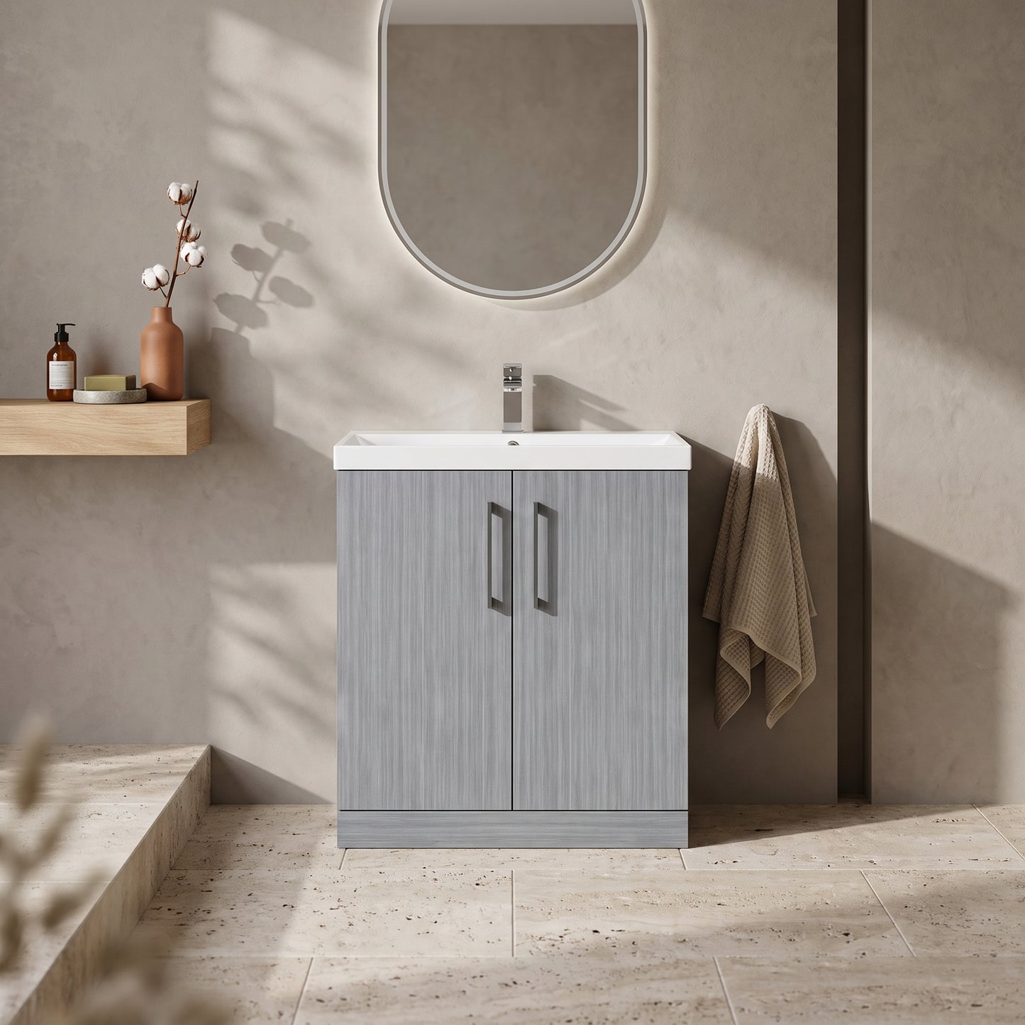 Fairford Aspri Grey Woodgrain 800mm 2 Door Floorstanding Vanity Unit