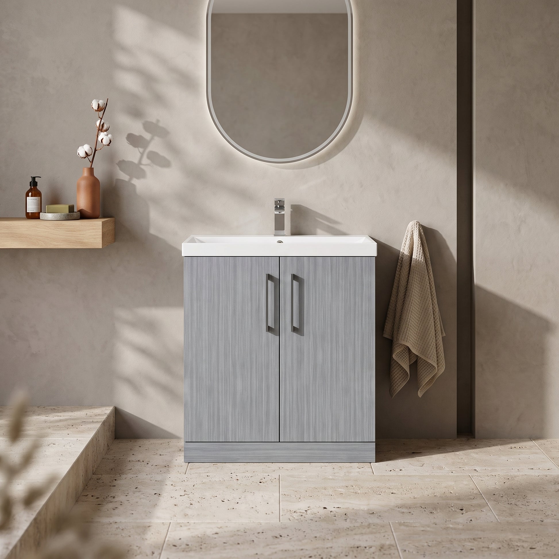 Fairford Aspri Grey Woodgrain 800mm 2 Door Floorstanding Vanity Unit
