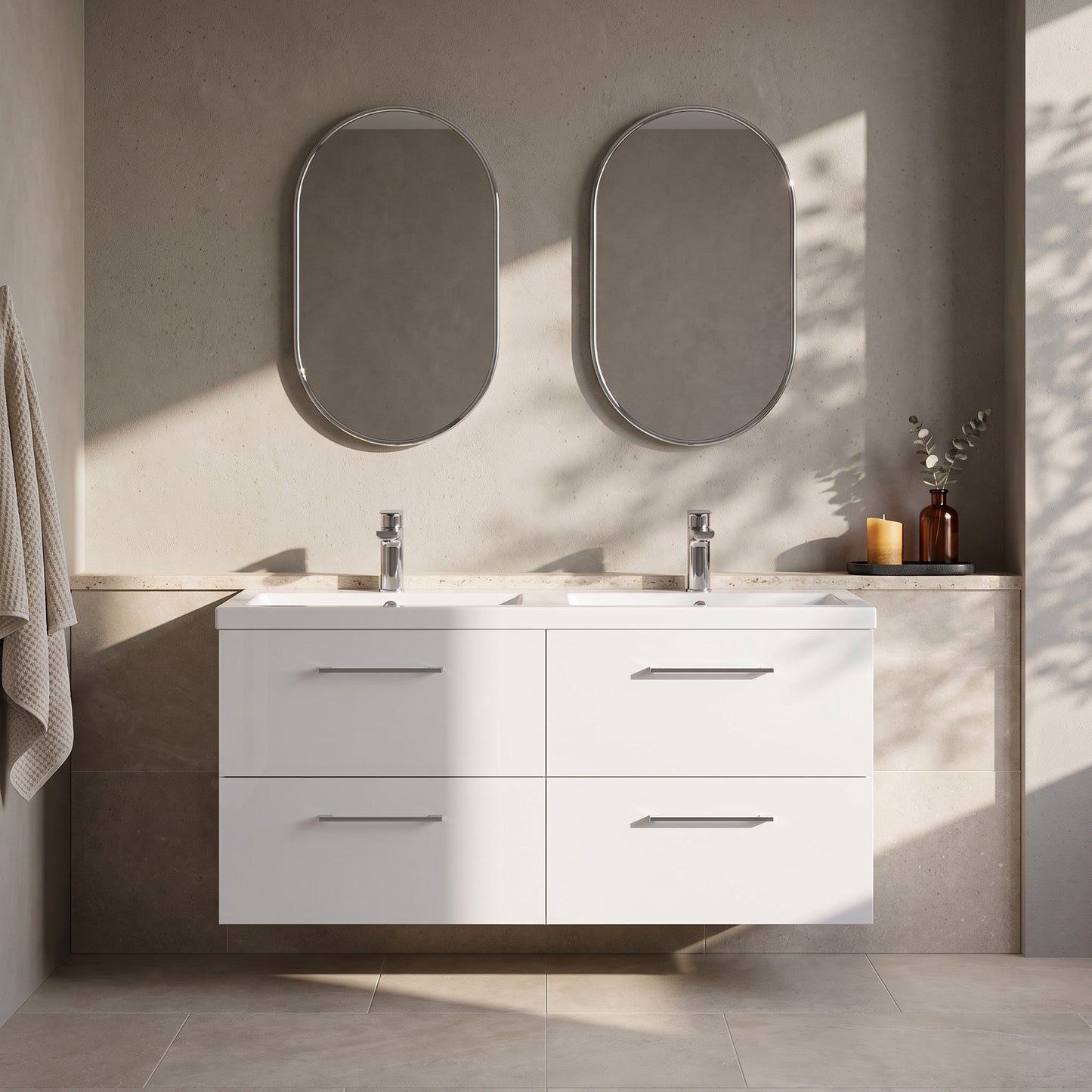 Fairford Aspri Gloss White 1200mm Floorstanding Double Vanity Unit with 4 Drawers and Basin