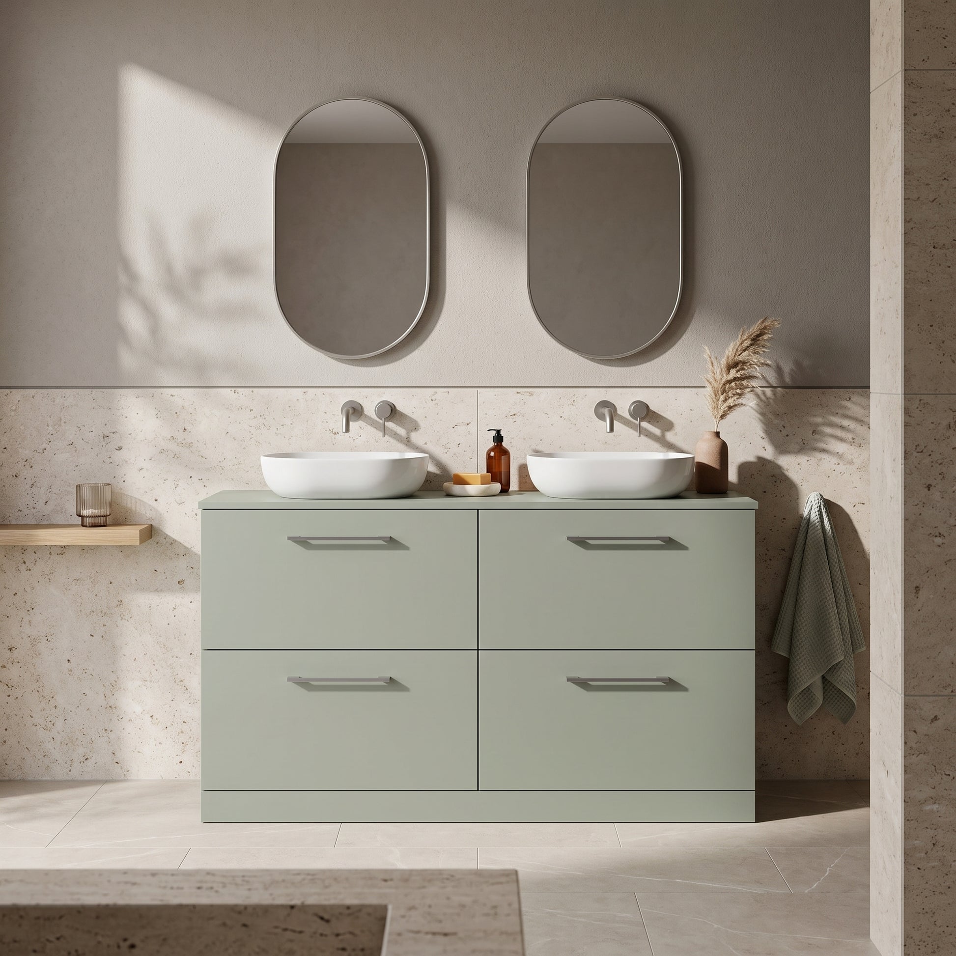Fairford Aspri Satin Green 1200mm 4 Drawer Floorstanding Vanity Unit with Worktop