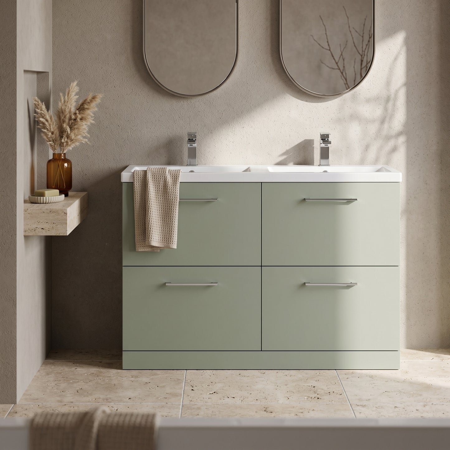 Fairford Aspri Satin Green 1200mm Floorstanding Double Vanity Unit with 4 Drawers and Basin