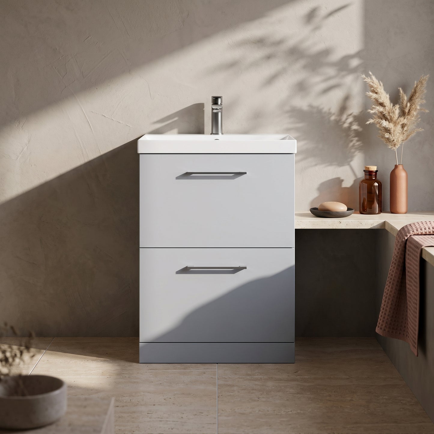 Fairford Aspri Satin Grey 600mm 2 Drawer Floorstanding Vanity Unit