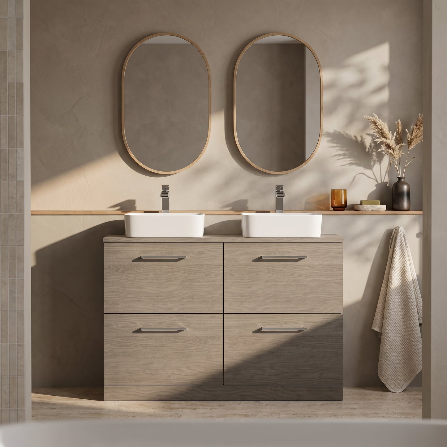 Fairford Aspri Solace Oak 1200mm 4 Drawer Floorstanding Vanity Unit with Worktop