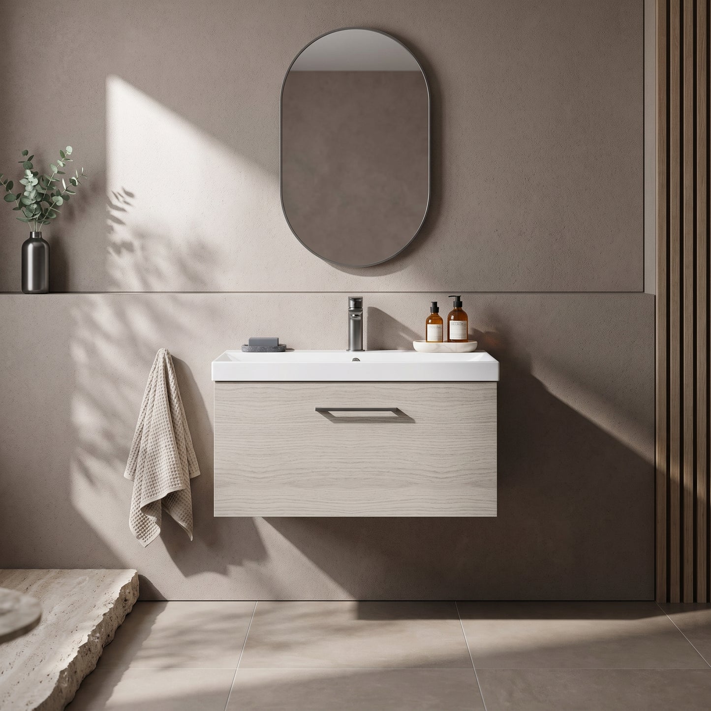 Fairford Aspri 800mm Solace Oak 1-Drawer Wall Hung Vanity Unit