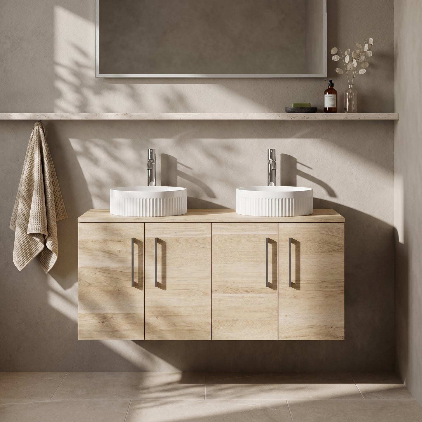 Fairford Aspri Bleached Oak 1200mm 4 Door Wall Hung Vanity Unit with Worktop