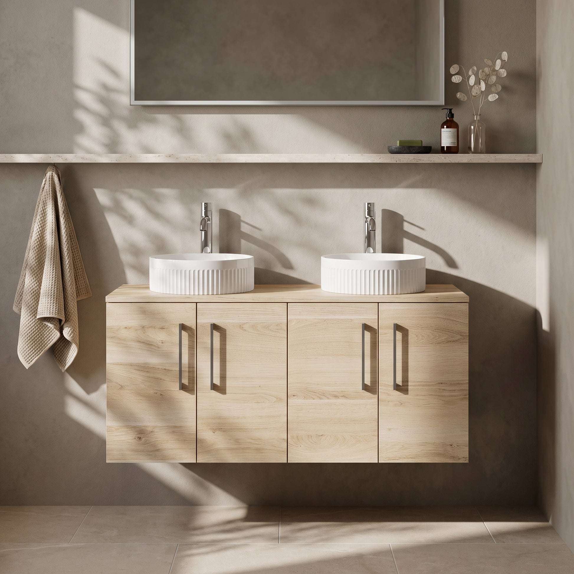 Fairford Aspri Bleached Oak 1200mm 4 Door Wall Hung Vanity Unit with Worktop