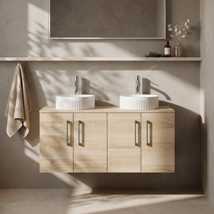 Fairford Aspri Bleached Oak 1200mm 4 Door Wall Hung Vanity Unit with Worktop
